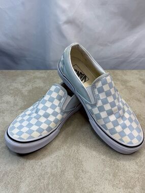 Vans Men’s 5.5 Women’s 7 Slip-On Checkerboard Sneakers in Pale Blue and White